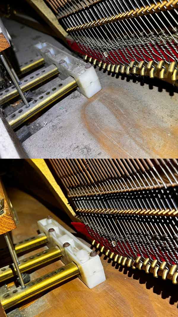 Piano action mechanism restoration - before dirty and dusty, after clean and restored