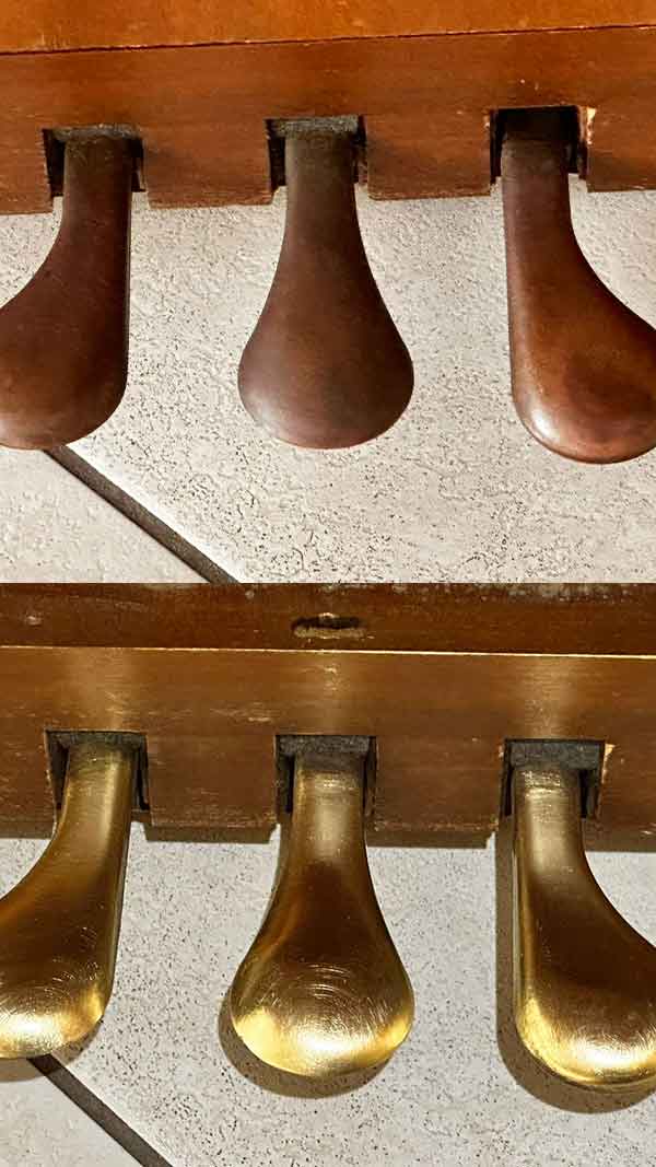 Piano pedal restoration - before tarnished and worn, after polished and renewed