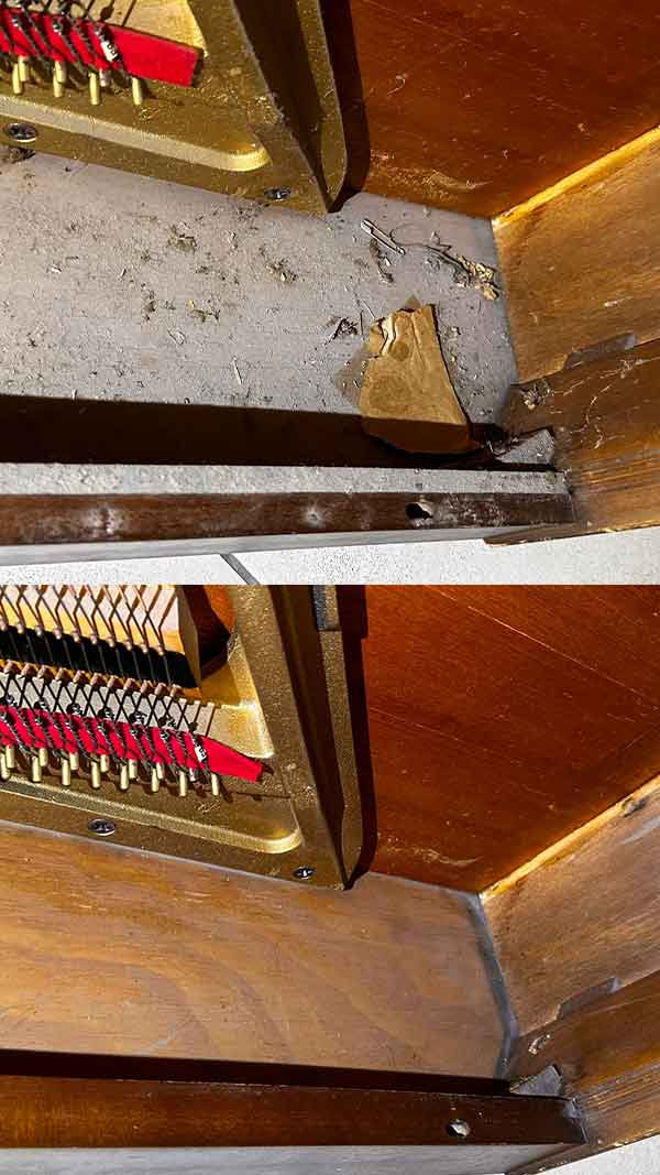 Piano interior cleaning - before debris and damage, after pristine condition