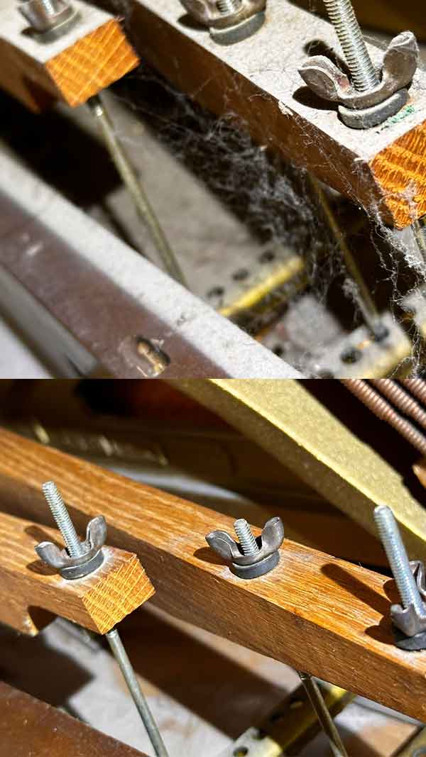 Piano component restoration - before neglected and dirty, after restored and clean